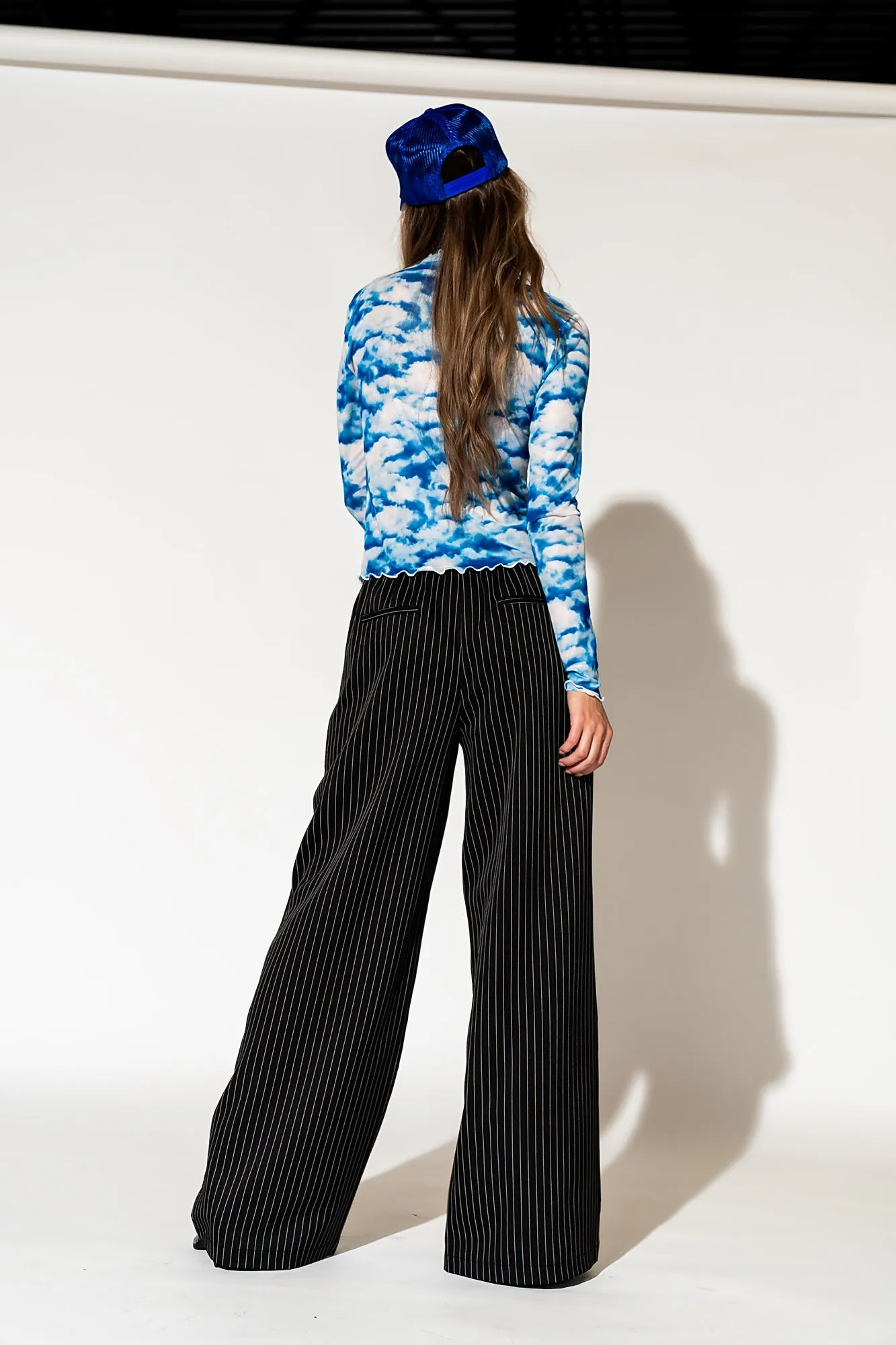Wide Leg Trousers in Boss B*tch Pinstripe (Black)