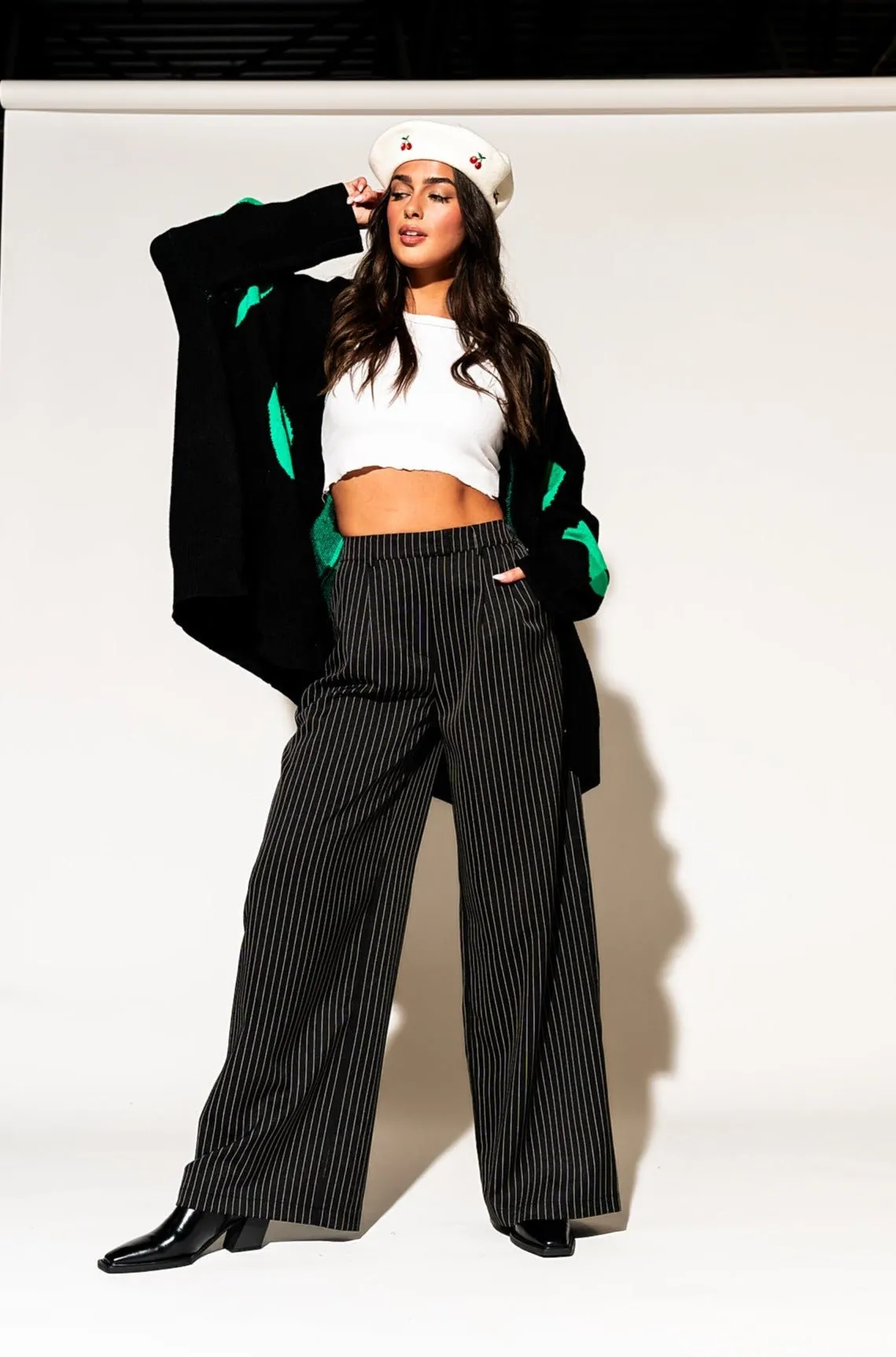 Wide Leg Trousers in Boss B*tch Pinstripe (Black)