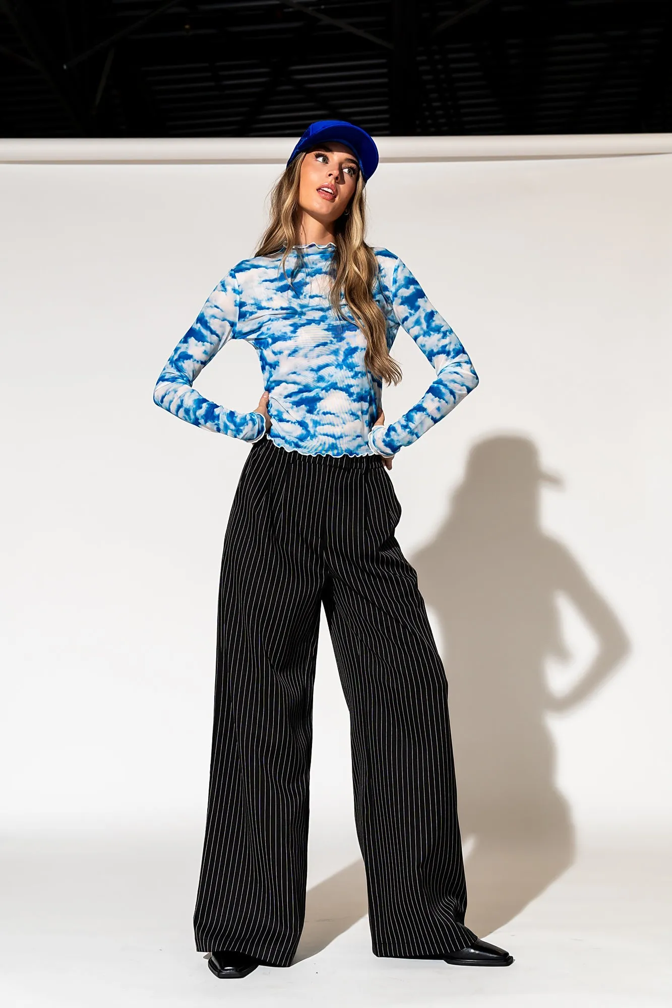 Wide Leg Trousers in Boss B*tch Pinstripe (Black)