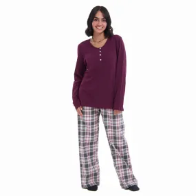 Women Fall Pajama Set Dark Red buttoned sweatshirt   Dark red x Grey checkered pants