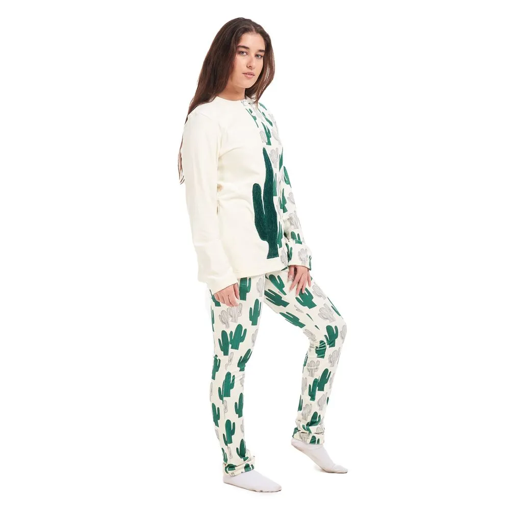 Women Winter Pajama Set Cactus buttoned sweatshirt   pants