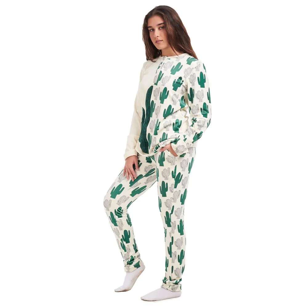 Women Winter Pajama Set Cactus buttoned sweatshirt   pants