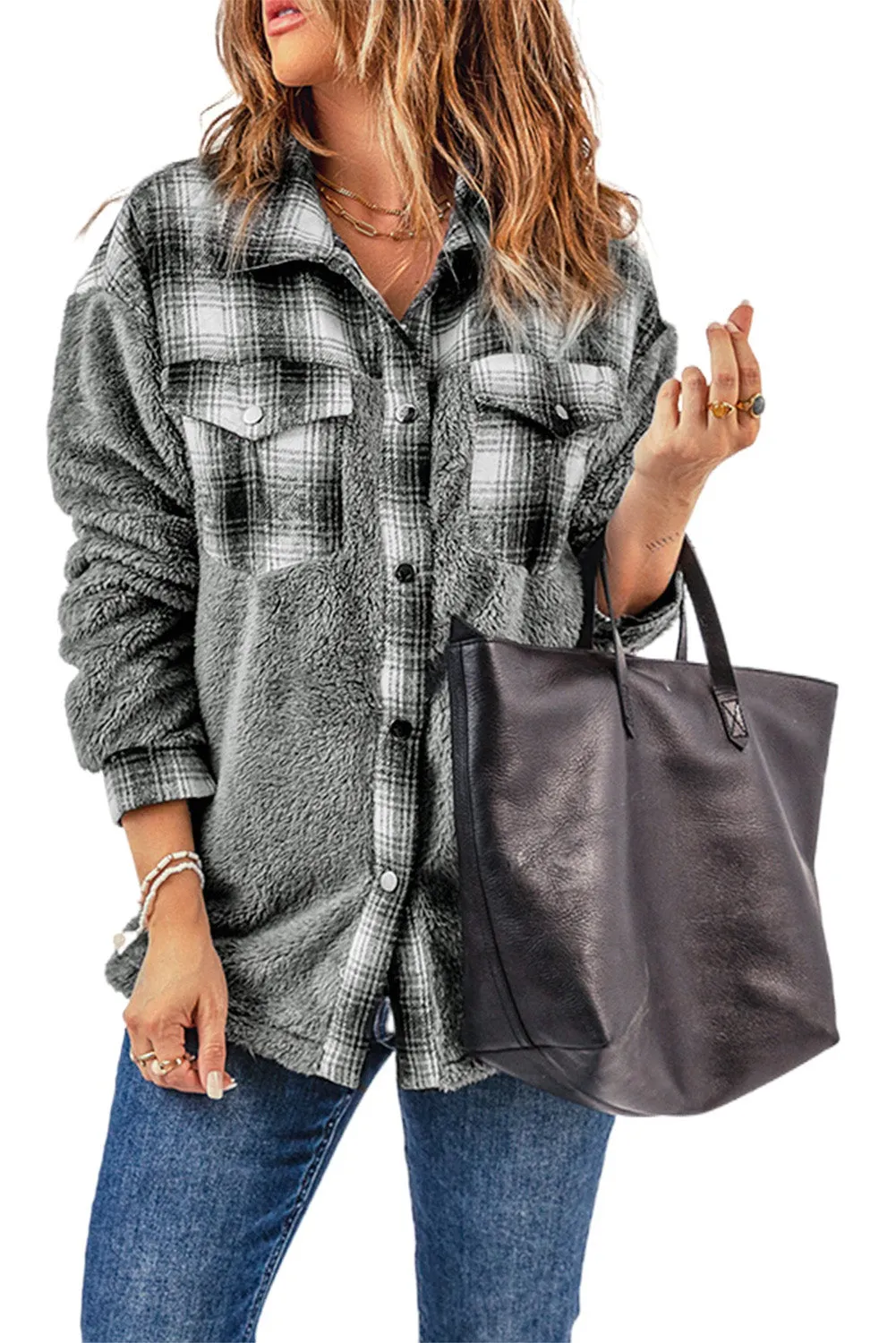 Women's Button Down Pocket Coat Plaid Shacket