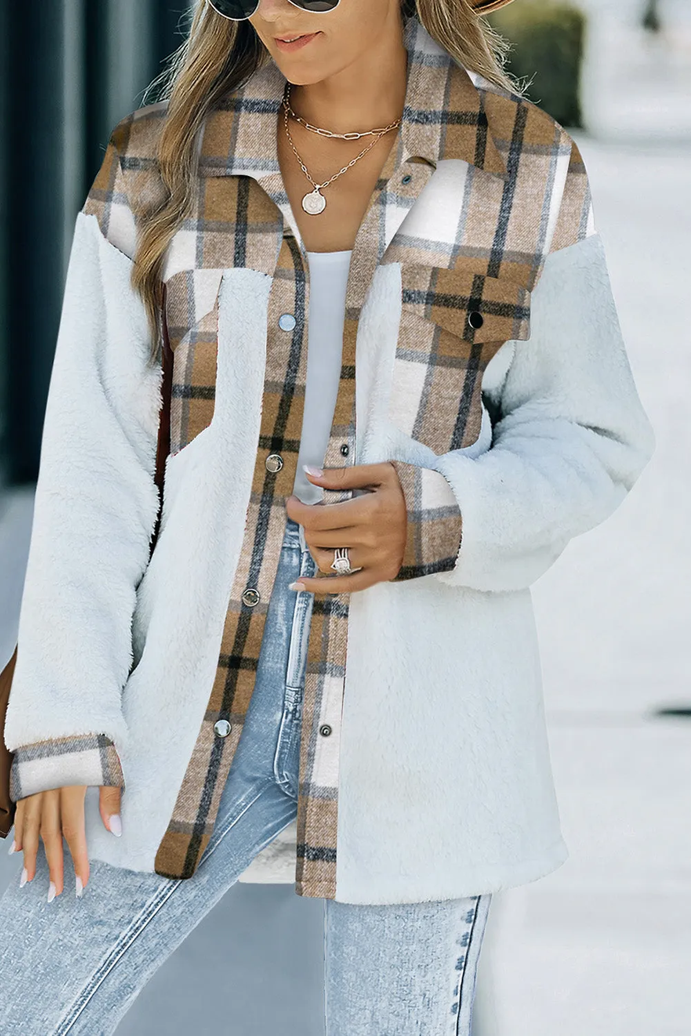 Women's Button Down Pocket Coat Plaid Shacket