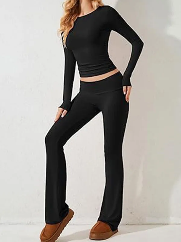 Women's Sporty Solid Set - Long Sleeve Tee & Wide-Waist Pants