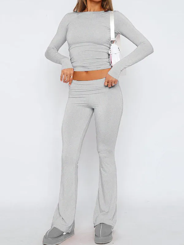 Women's Sporty Solid Set - Long Sleeve Tee & Wide-Waist Pants