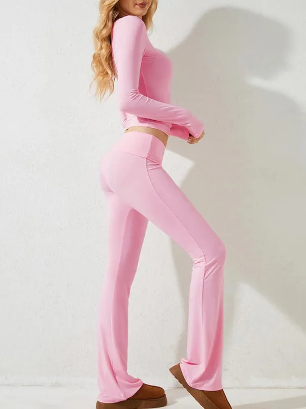 Women's Sporty Solid Set - Long Sleeve Tee & Wide-Waist Pants