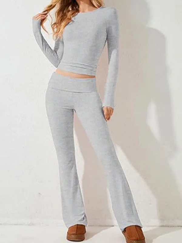 Women's Sporty Solid Set - Long Sleeve Tee & Wide-Waist Pants