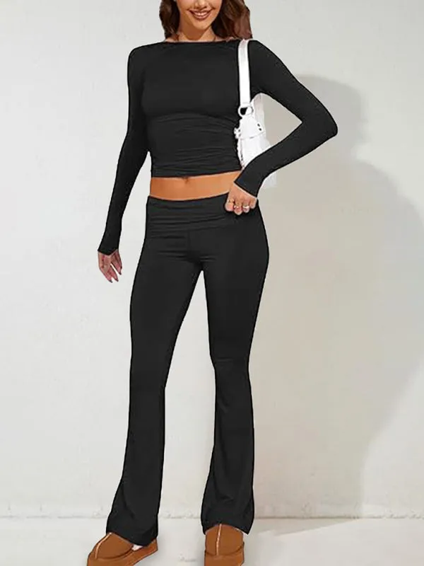 Women's Sporty Solid Set - Long Sleeve Tee & Wide-Waist Pants