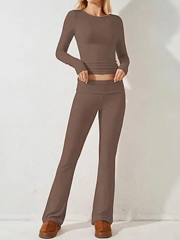 Women's Sporty Solid Set - Long Sleeve Tee & Wide-Waist Pants