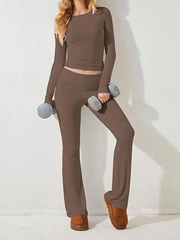 Women's Sporty Solid Set - Long Sleeve Tee & Wide-Waist Pants