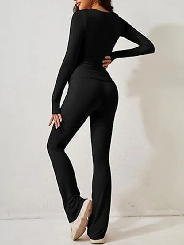 Women's Sporty Solid Set - Long Sleeve Tee & Wide-Waist Pants