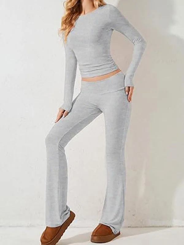 Women's Sporty Solid Set - Long Sleeve Tee & Wide-Waist Pants
