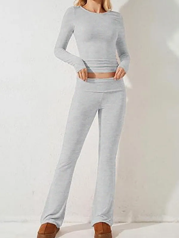 Women's Sporty Solid Set - Long Sleeve Tee & Wide-Waist Pants