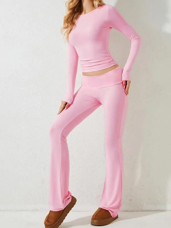 Women's Sporty Solid Set - Long Sleeve Tee & Wide-Waist Pants