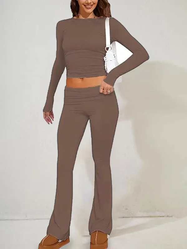 Women's Sporty Solid Set - Long Sleeve Tee & Wide-Waist Pants