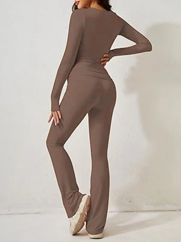 Women's Sporty Solid Set - Long Sleeve Tee & Wide-Waist Pants