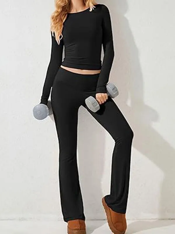Women's Sporty Solid Set - Long Sleeve Tee & Wide-Waist Pants
