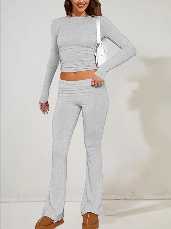 Women's Sporty Solid Set - Long Sleeve Tee & Wide-Waist Pants