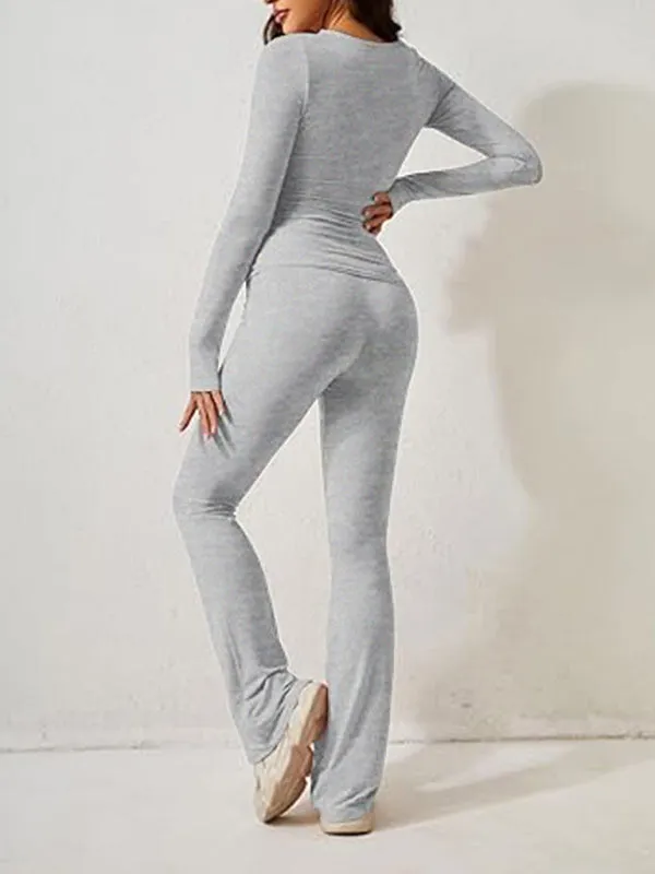 Women's Sporty Solid Set - Long Sleeve Tee & Wide-Waist Pants