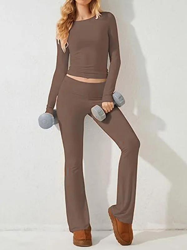 Women's Sporty Solid Set - Long Sleeve Tee & Wide-Waist Pants