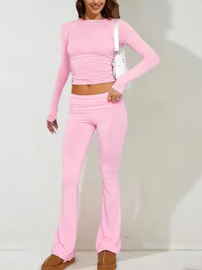 Women's Sporty Solid Set - Long Sleeve Tee & Wide-Waist Pants