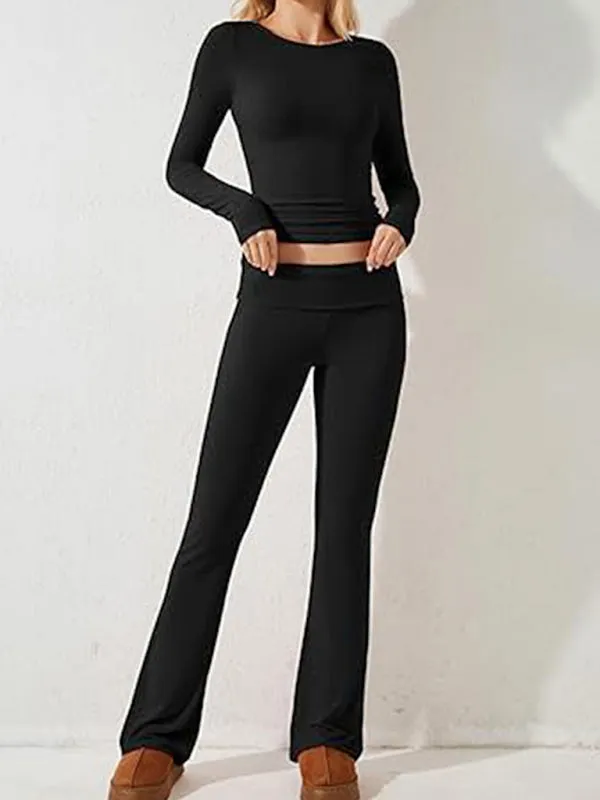 Women's Sporty Solid Set - Long Sleeve Tee & Wide-Waist Pants