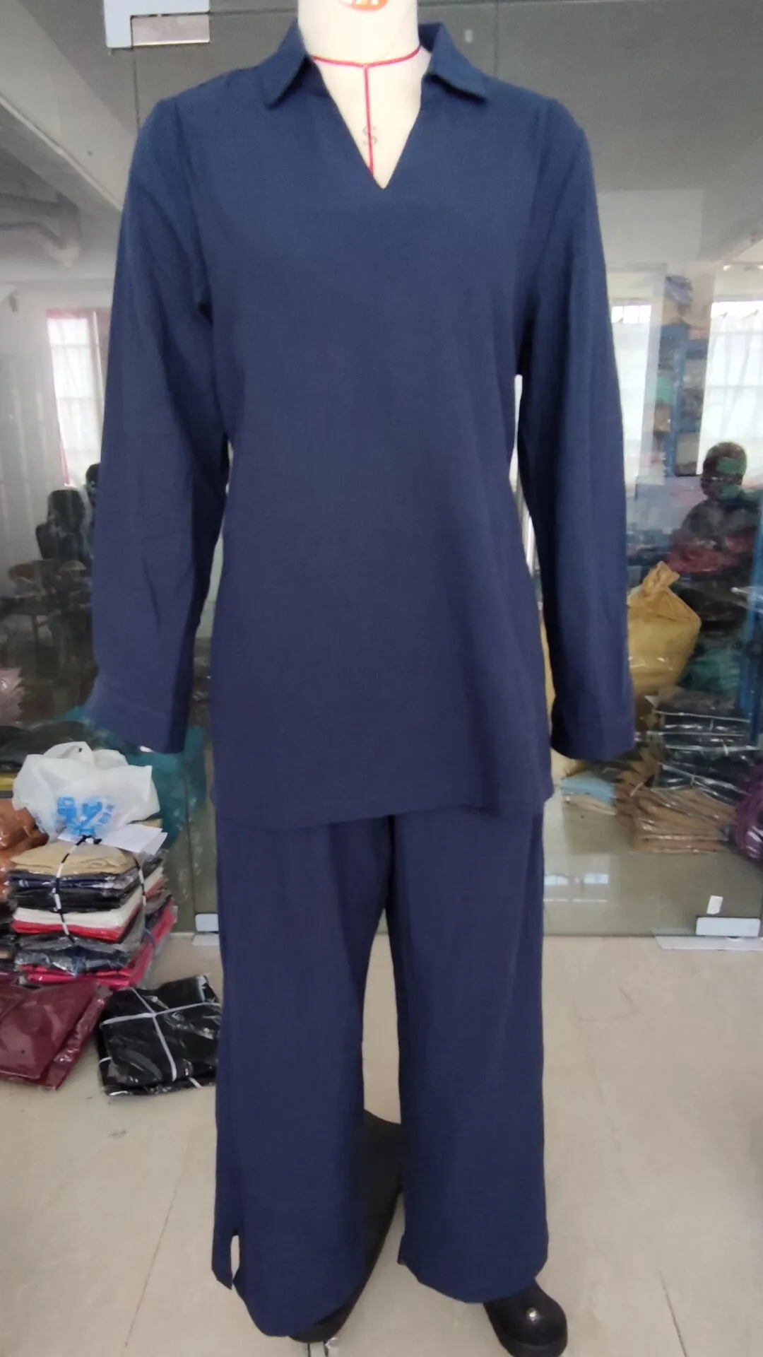 Women's Vintage V-neck Hemp Loose Shirt High Waist Wide Leg Pants   B-95075