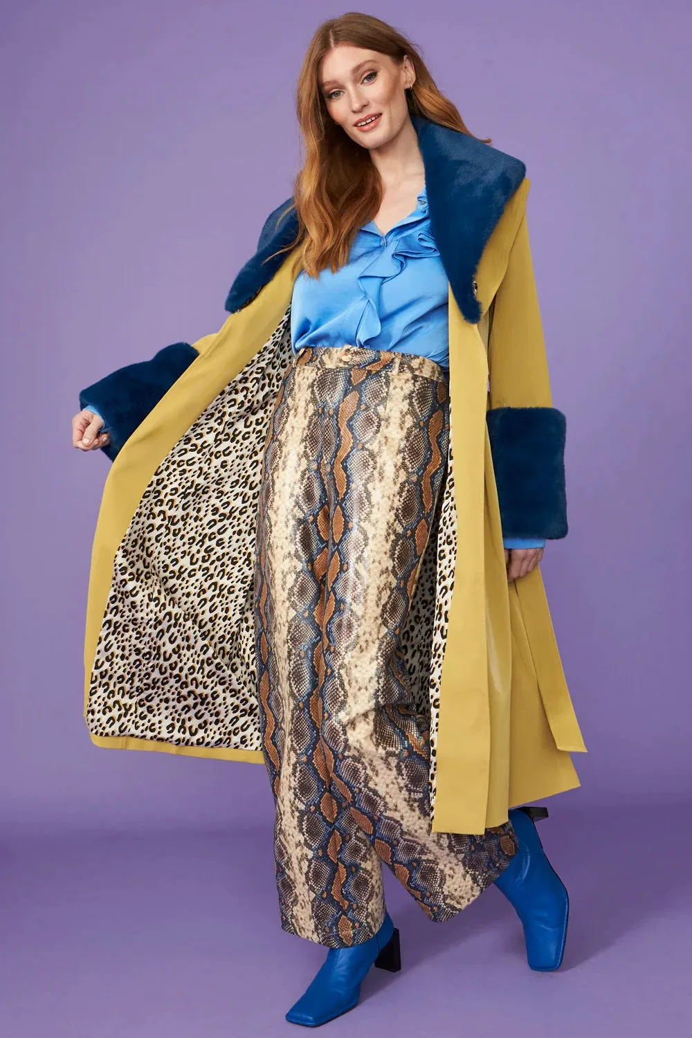 Yellow Faux Leather Trench Coat With Faux Fur Collar And Cuffs