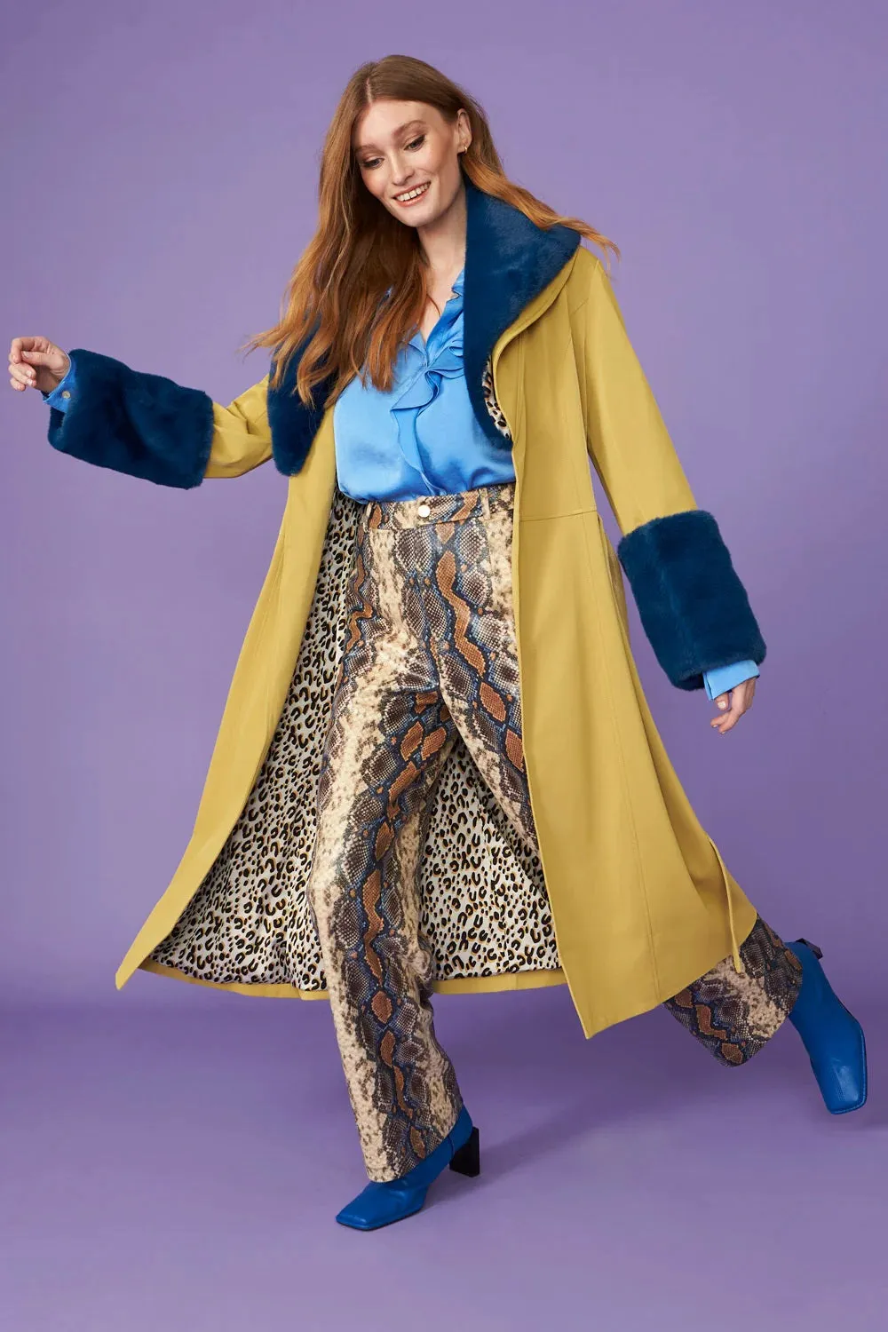 Yellow Faux Leather Trench Coat With Faux Fur Collar And Cuffs