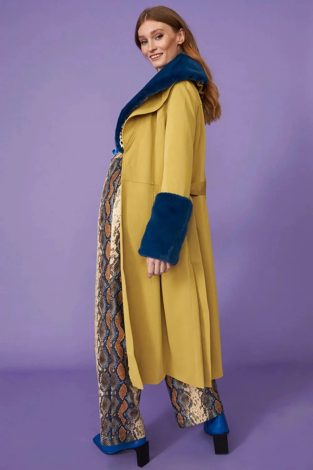 Yellow Faux Leather Trench Coat With Faux Fur Collar And Cuffs